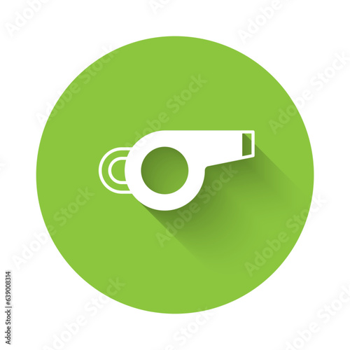 White Whistle icon isolated with long shadow background. Referee symbol. Fitness and sport sign. Green circle button. Vector