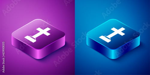 Isometric Man graves funeral sorrow icon isolated on blue and purple background. The emotion of grief, sadness, sorrow, death. Square button. Vector