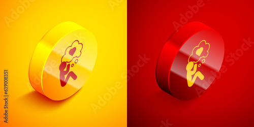 Isometric Human head with heart icon isolated on orange and red background. Love concept with human head. Circle button. Vector