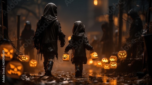 two kids in adorable creepy costumes make their way through the foggy darkness, consumed by collecting treats on Halloween night. atmospheric halloween street