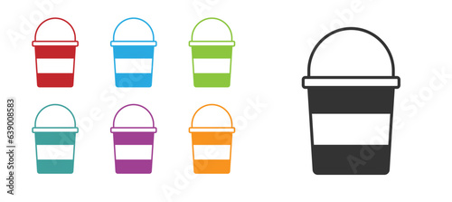 Black Fire bucket icon isolated on white background. Metal bucket empty or with water for fire fighting. Set icons colorful. Vector