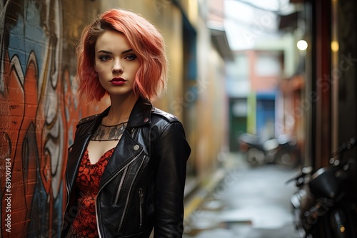artistic woman street fashion portrait, pretty girl walking in urban city street, black leather jacket, Generative Ai