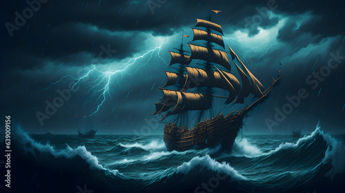 Tela A brave pirate captain leading his crew through a treacherous storm, with massiv