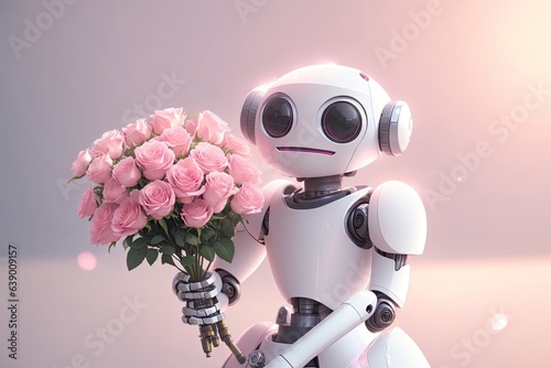 a cute happy robot is holding a bouquet of pink flowers. ai generative