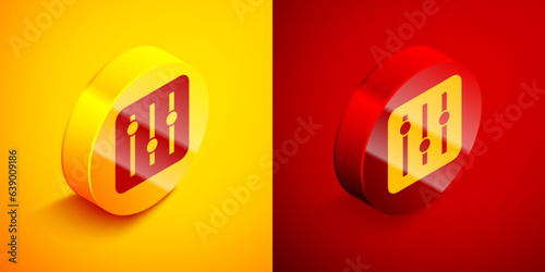 Isometric Sound mixer controller icon isolated on orange and red background. Dj equipment slider buttons. Mixing console. Circle button. Vector