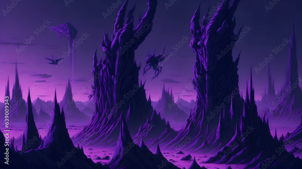 A pair of alien creatures surveying a vast, otherworldly landscape from ...
