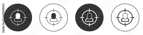 Black Head hunting icon isolated on white background. Business target or Employment sign. Human resource and recruitment for business. Circle button. Vector