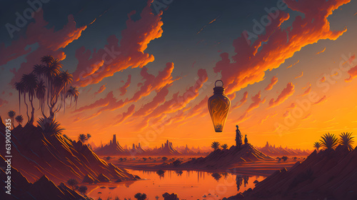 A magical genie emerging from a bottle in a desert oasis, with a stunning display of orange and yellow clouds filling the sky at sunset © Дмитро Синятинський