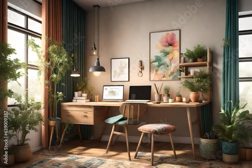  a cozy and colorful 3D home office nook infused with botanical charm. © Ahtesham