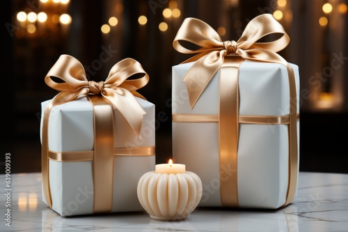White gift boxes with golden ribbon and bow. 