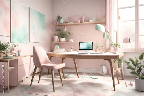  a serene and productive 3D home office desk space with pastel hues.