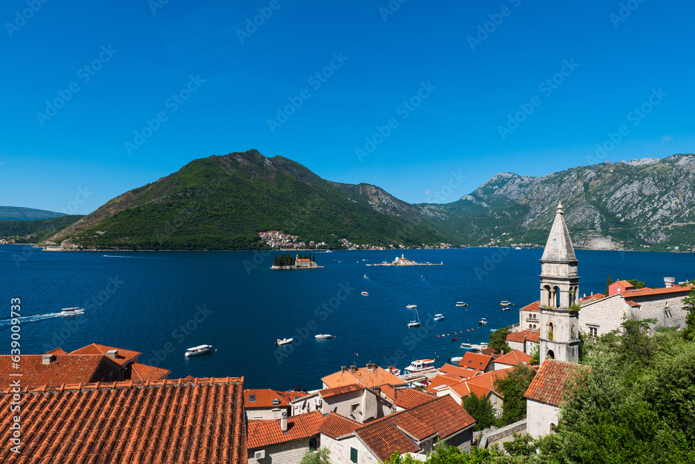 View from the medieval town Perast on the bay of Kotor with 2 small islands, Gospa od Škrpjela and Sveti Đorđe, Montenegro