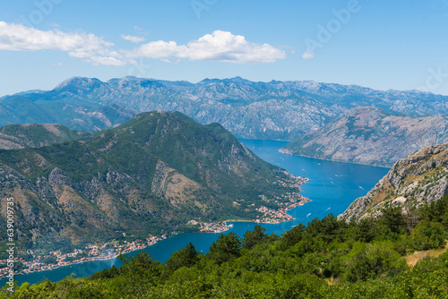 Panoramic view on the beautiful bay of Kotor lying between the mountains at the Adriatic seacoast  Montenegro