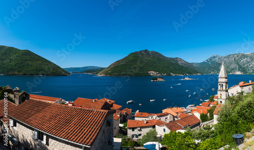 View from the medieval town Perast on the bay of Kotor with 2 small islands, Gospa od Škrpjela and Sveti Đorđe, Montenegro photo