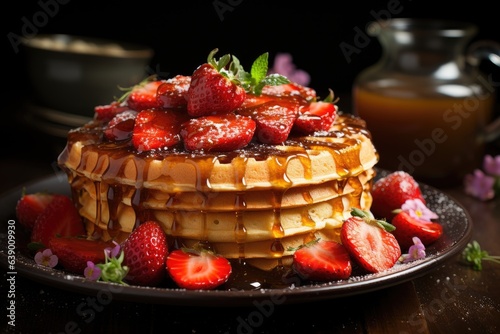 Mount of golden waffles with fresh strawberries and honey.  generative IA