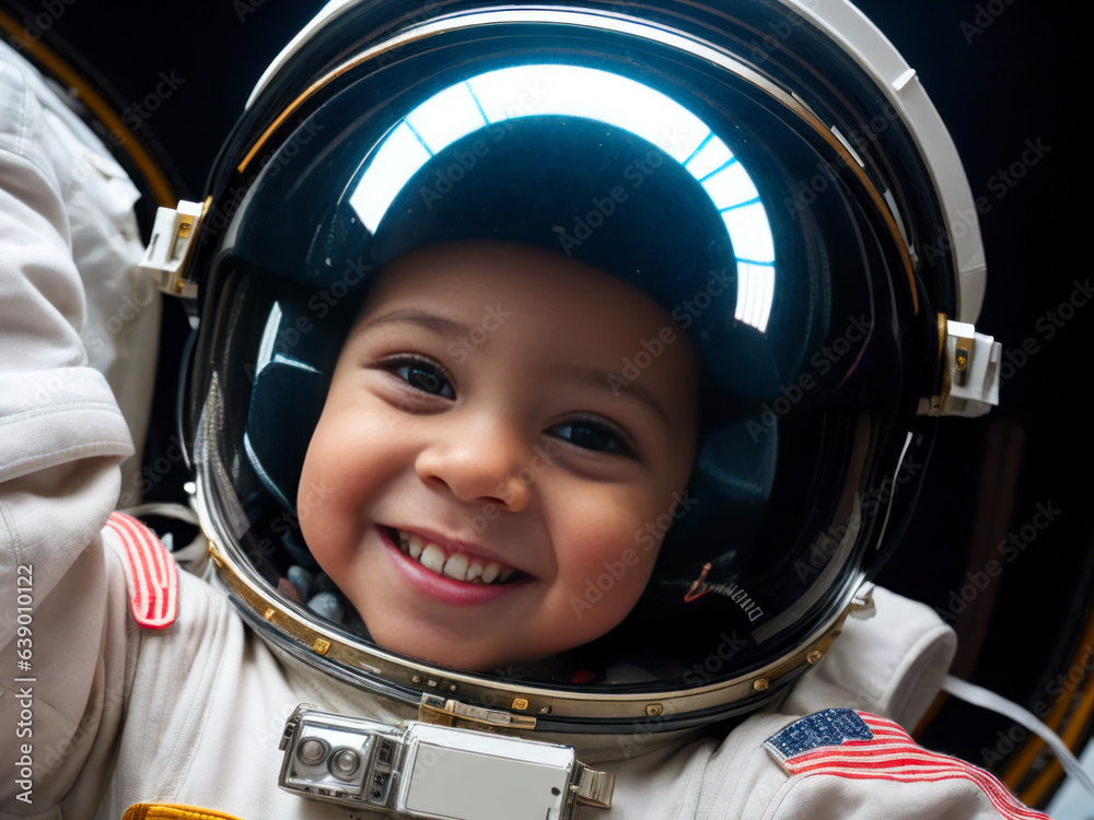 Digital photo of positive beautiful very young laughing ebony baby astronaut taking selfie floating on space Digital photo of positive beautiful very young laughing ebony baby astronaut taking selfie floating on space