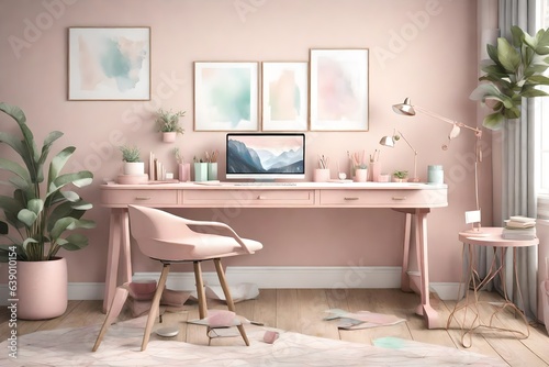  a serene and productive 3D home office desk space with pastel hues.