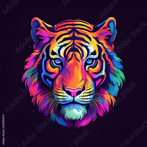 tiger icon on a black background. Illustration, AI generation. colorful print, predator's muzzle. © Darya