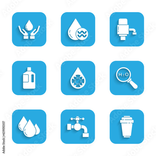 Set Defrosting, Water tap, filter cartridge, Chemical formula for H2O, drop, Big bottle with clean water, Mechanical pump and Washing hands soap icon. Vector