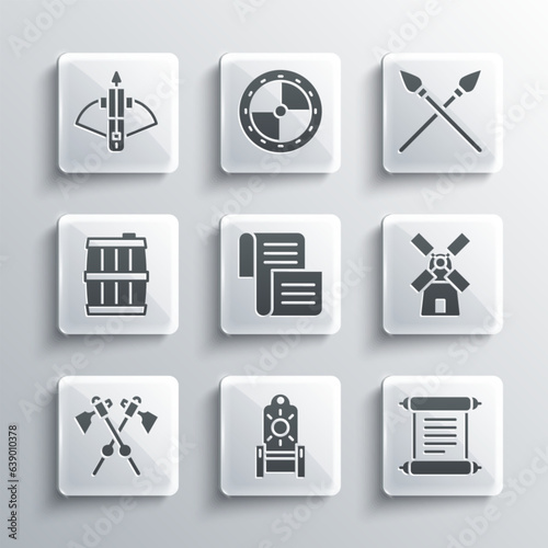 Set Medieval throne, Decree, parchment, scroll, Windmill, Crossed medieval axes, Wooden barrel, Battle crossbow with arrow and spears icon. Vector