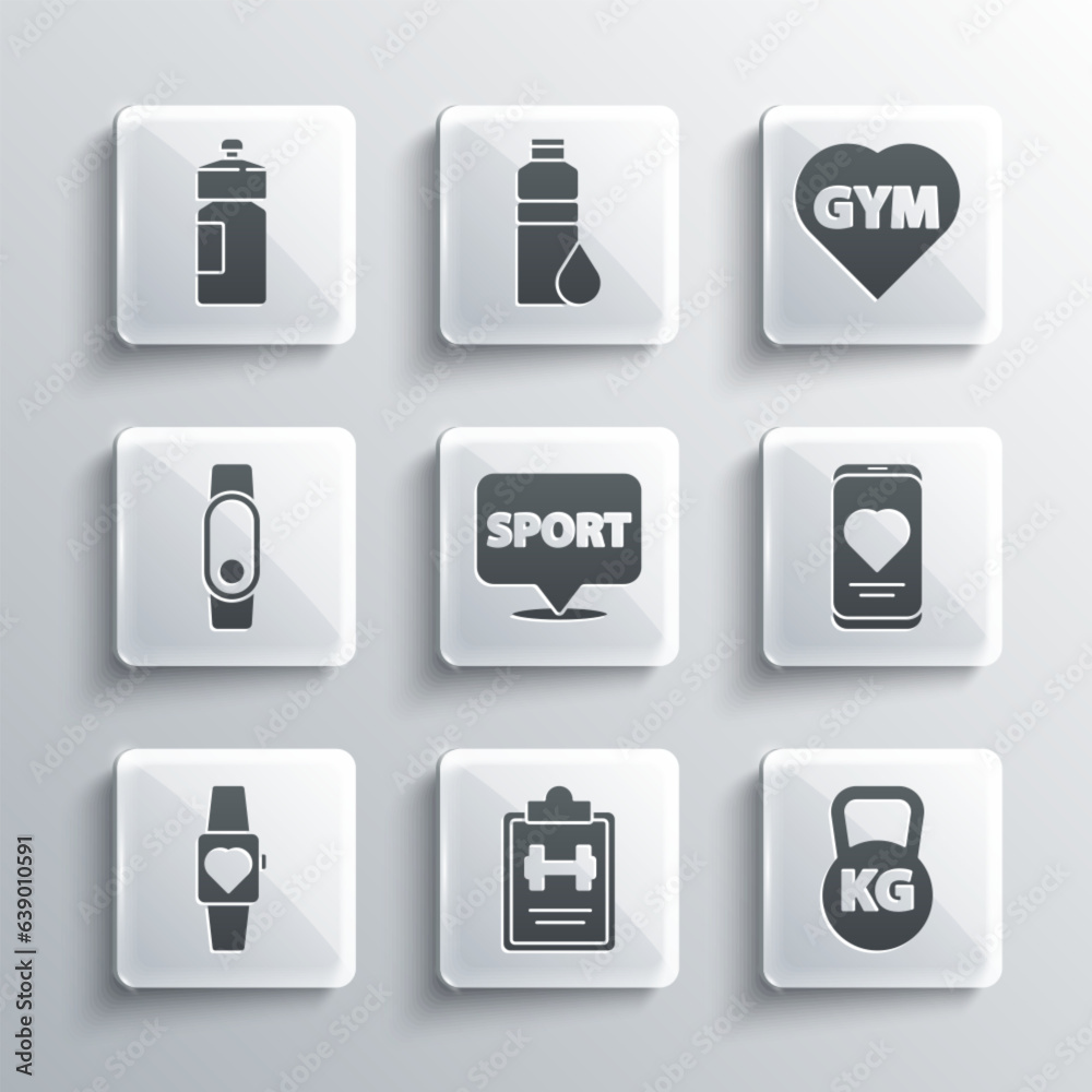 Set Sport training program, Kettlebell, Mobile with heart rate, Location gym, Smartwatch, Fitness shaker and icon. Vector Set Sport training program, Kettlebell, Mobile with heart rate, Location gym, Smartwatch, Fitness shaker and icon. Vector