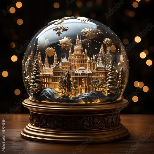 Christmas glass ball with a fairytale palace, fir trees and snow.  © Margo_Alexa