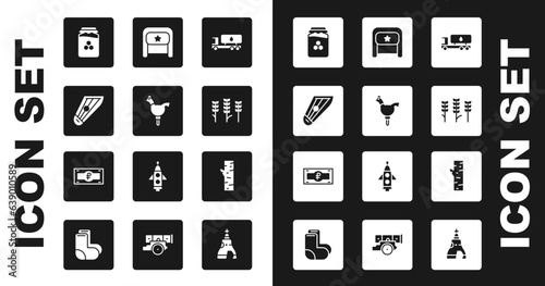 Set Tanker truck, Cockerel lollipop, Kankles, Jar of honey, Wheat, Ushanka, Birch tree and Russian ruble banknote icon. Vector