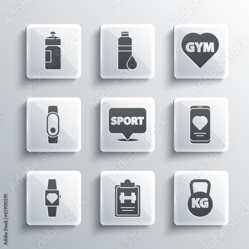 Set Sport training program, Kettlebell, Mobile with heart rate, Location gym, Smartwatch, Fitness shaker and icon. Vector