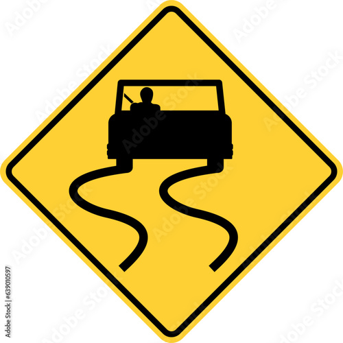 Vector graphic of a usa slippery road ahead highway sign. It consists of black car with skid marks at the rear within a black and yellow square tilted to 45 degrees