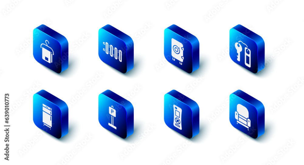Set Heating radiator, Safe, Hotel door lock key, Armchair, Remote control, Parking, Refrigerator and Towel hanger icon. Vector Set Heating radiator, Safe, Hotel door lock key, Armchair, Remote control, Parking, Refrigerator and Towel hanger icon. Vector