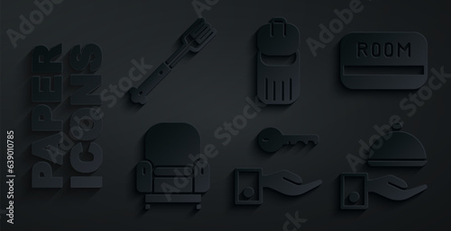Set Hotel door lock key, card, Armchair, Covered with tray, Trash can and Fork icon. Vector