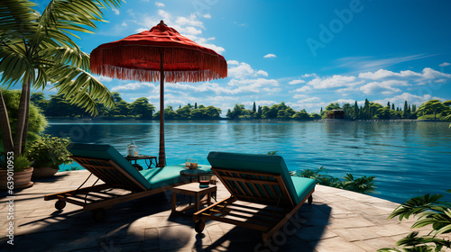 Two lounge chairs with umbrellas by a tropical water view