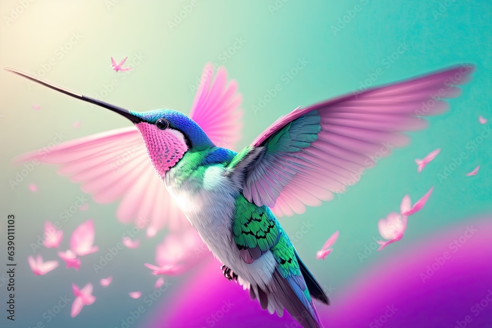 Obraz premium photograph of flying hummingbird blue green color. ai generative