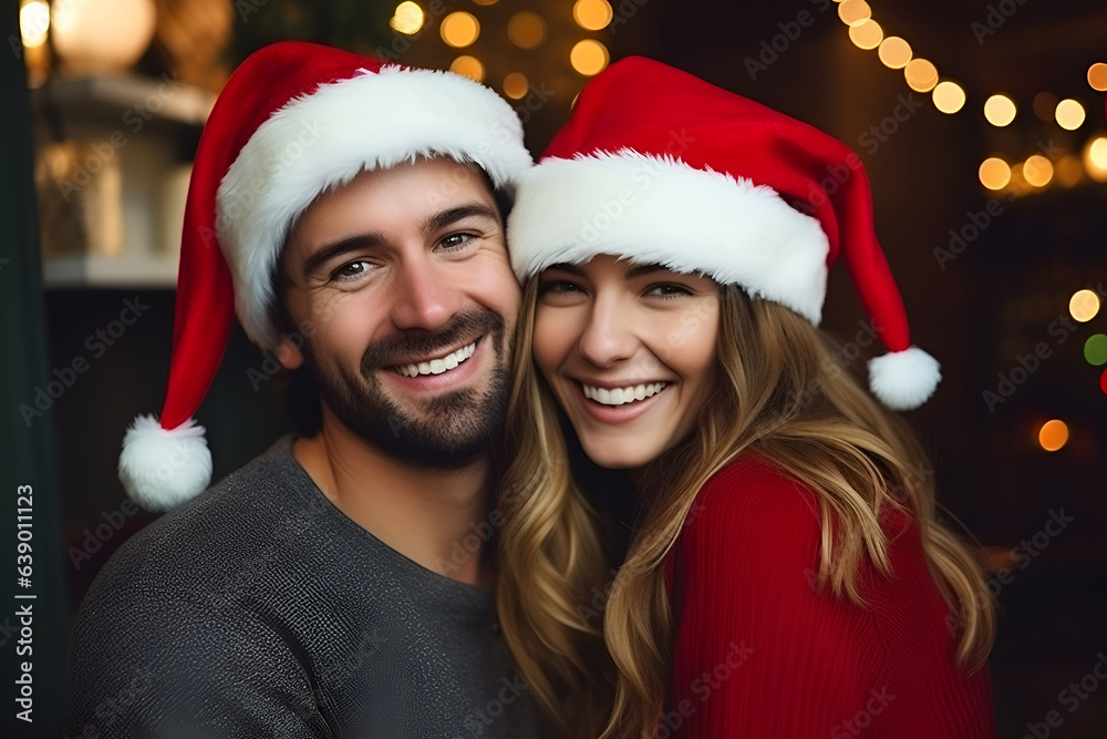 Portrait of a happy smiling young couple, man woman in Santa hats, Happy New Year celebration merry holiday Portrait of a happy smiling young couple, man woman in Santa hats, Happy New Year celebration merry holiday