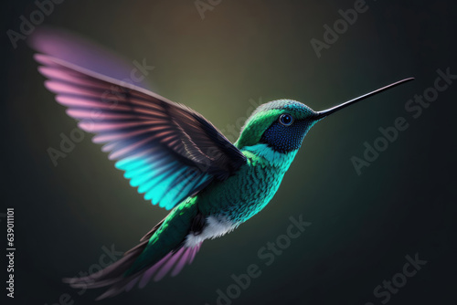 photograph of flying hummingbird blue green color. ai generative © Anna