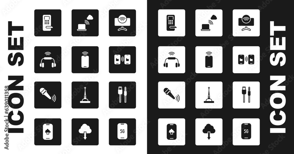 Set Smart Tv system, Mobile with wi-fi wireless, headphones, Digital door lock, Data transfer and storage, Network cloud connection, USB cable cord and Wireless microphone icon. Vector