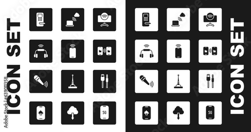 Set Smart Tv system, Mobile with wi-fi wireless, headphones, Digital door lock, Data transfer and storage, Network cloud connection, USB cable cord and Wireless microphone icon. Vector