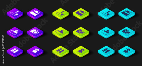 Set Aqualung, Winner podium, Photo camera, Water volleyball net and Swimmer diving into pool icon. Vector