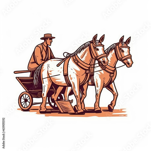 A cartoon illustration of a mule couple pulling a cart. Generative AI.