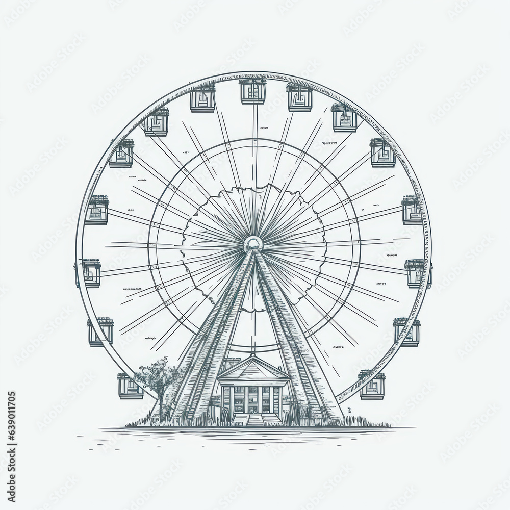 A cartoon illustration of a fairground Ferris wheel. Generative AI.