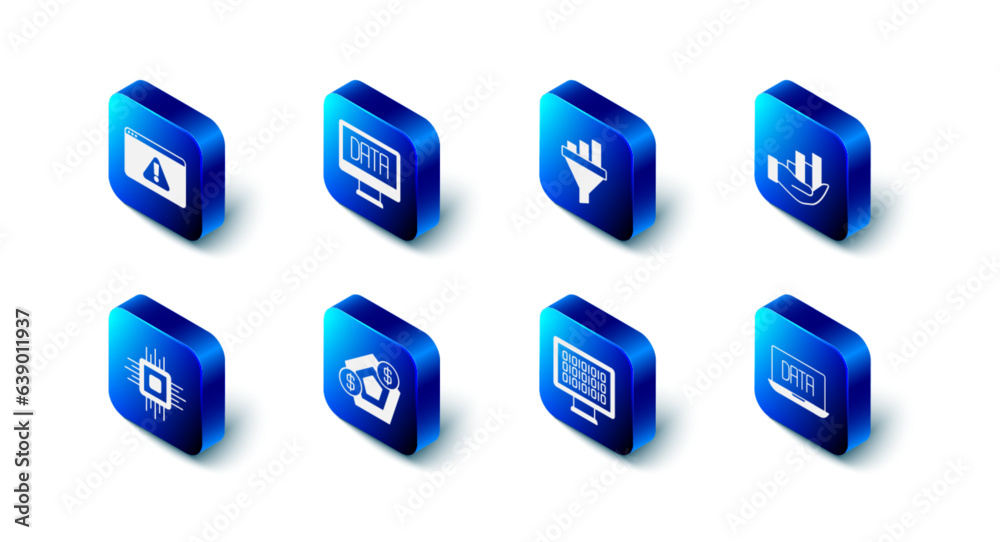 Set Data analysis, Sales funnel with chart, Pie infographic, Binary code, Financial growth, Processor CPU and Browser exclamation mark icon. Vector Set Data analysis, Sales funnel with chart, Pie infographic, Binary code, Financial growth, Processor CPU and Browser exclamation mark icon. Vector