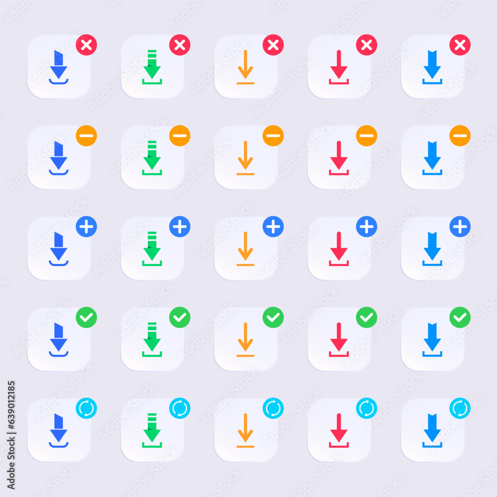 Obraz premium download button icon pack set - download symbol for website elements. solid color design style.