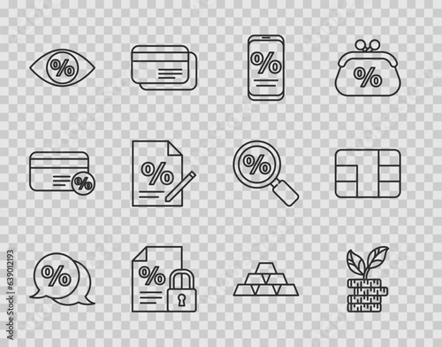 Set line Discount percent tag, Dollar plant, Percent discount and mobile, Finance document lock, Eye with, Gold bars and Credit card chip icon. Vector