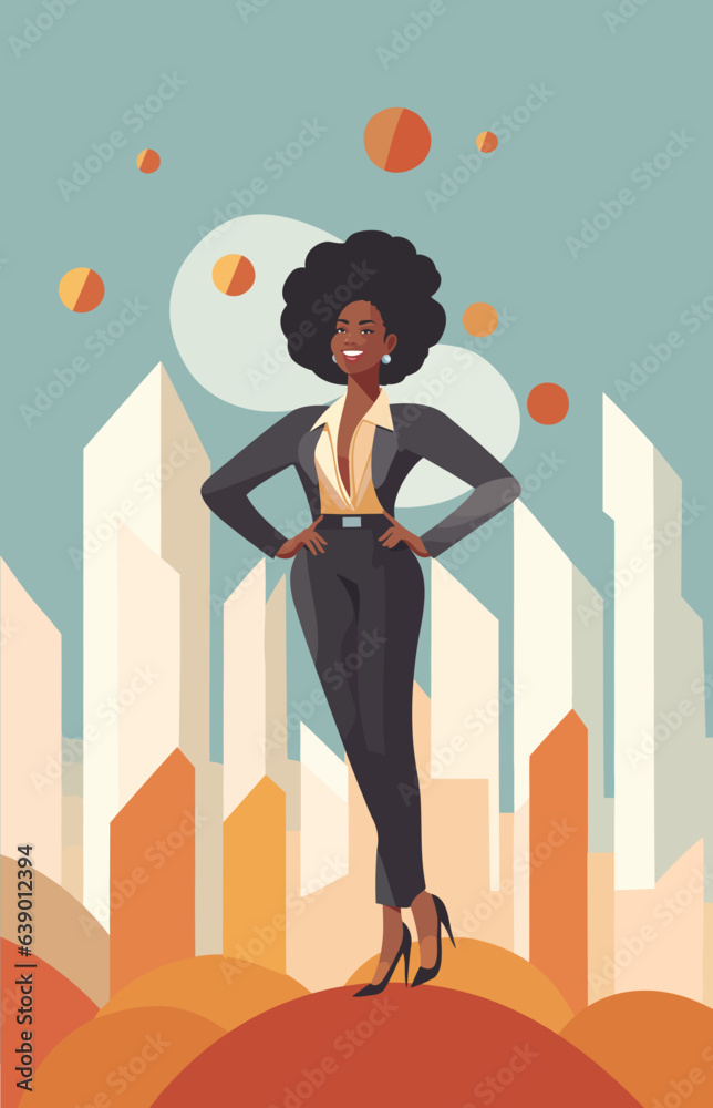 Minimalist vector illustration of a confident black woman in a business suit. Perfect for corporate and professional themes Minimalist vector illustration of a confident black woman in a business suit. Perfect for corporate and professional themes