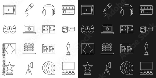 Set line Cinema auditorium with screen, Movie trophy, camera, Headphones, Online play video, Comedy and tragedy masks, and Stacks paper money cash icon. Vector