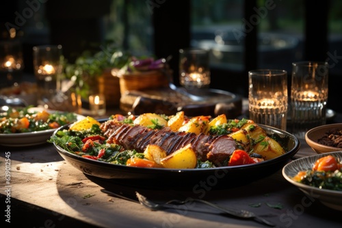 Full feast: juicy barbecue, fresh salads and golden potatoes on rustic table., generative IA