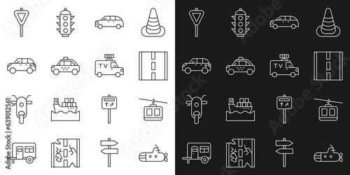 Set line Submarine, Cable car, Road, Hatchback, Taxi, traffic signpost and TV News icon. Vector