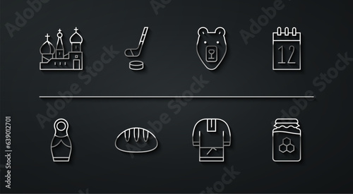 Set line Saint Basil's Cathedral, Russian doll matryoshka, Calendar 12 june, Kosovorotka, Bread loaf, Ice hockey stick and puck, Jar of honey and Bear head icon. Vector