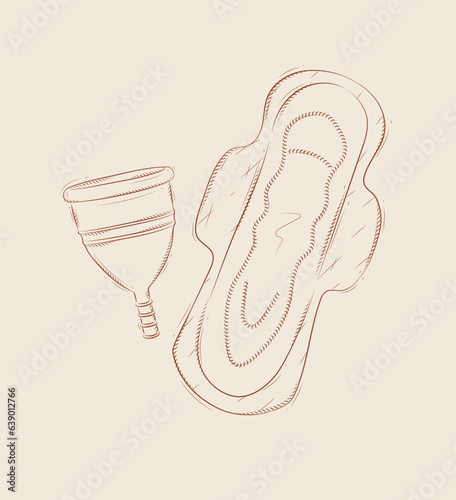 Menstrual cup and women sanitary pad composition drawing on beige background