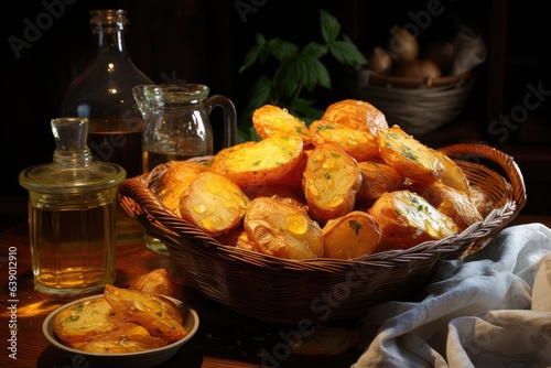 Golden and crispy basket potatoes, accompanied by ketchup., generative IA